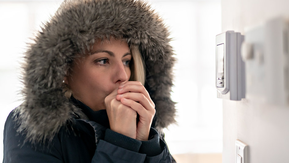 woman in a coat warming her hands looking at the thermostat